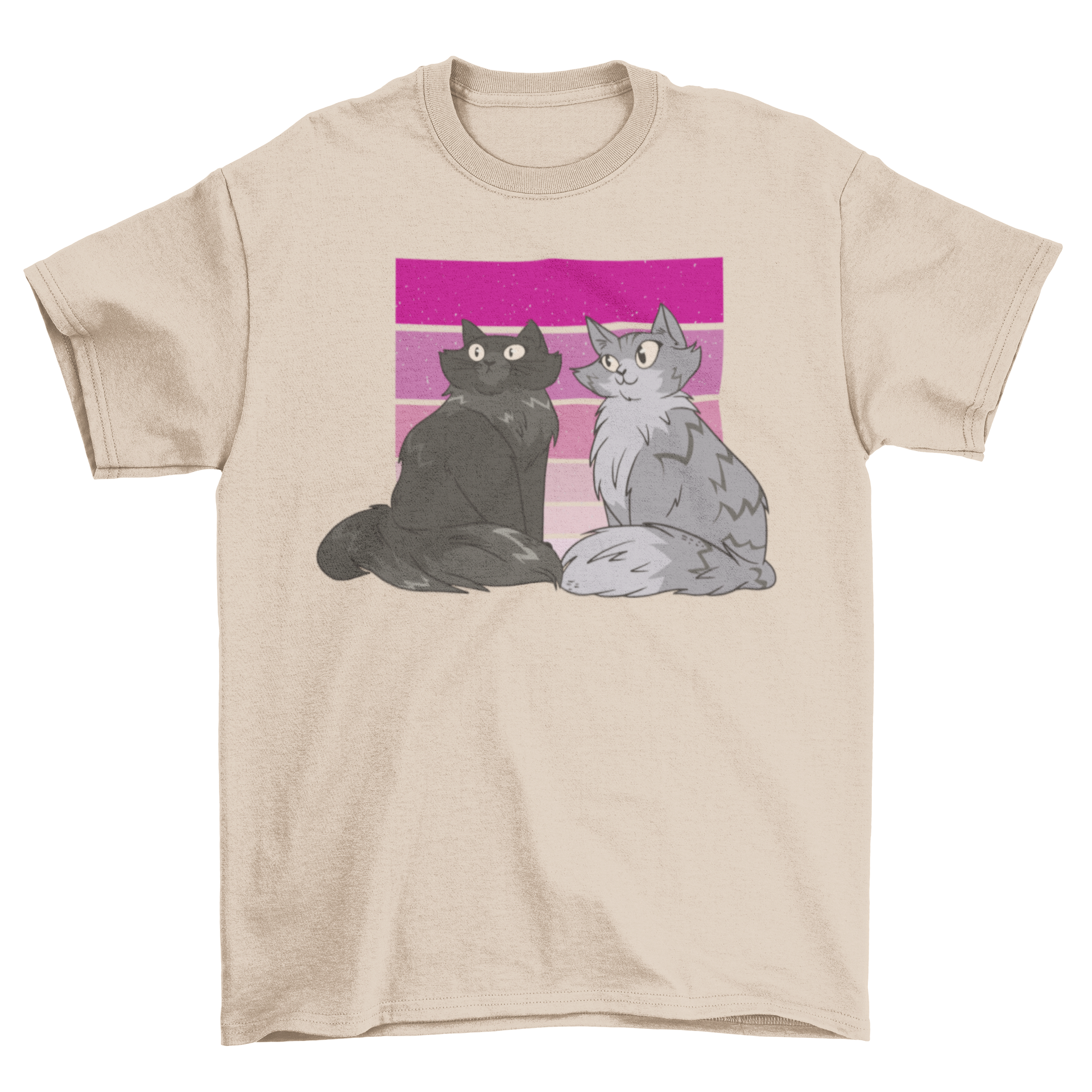 Stylish t-shirt featuring two cats on a colorful gradient background.