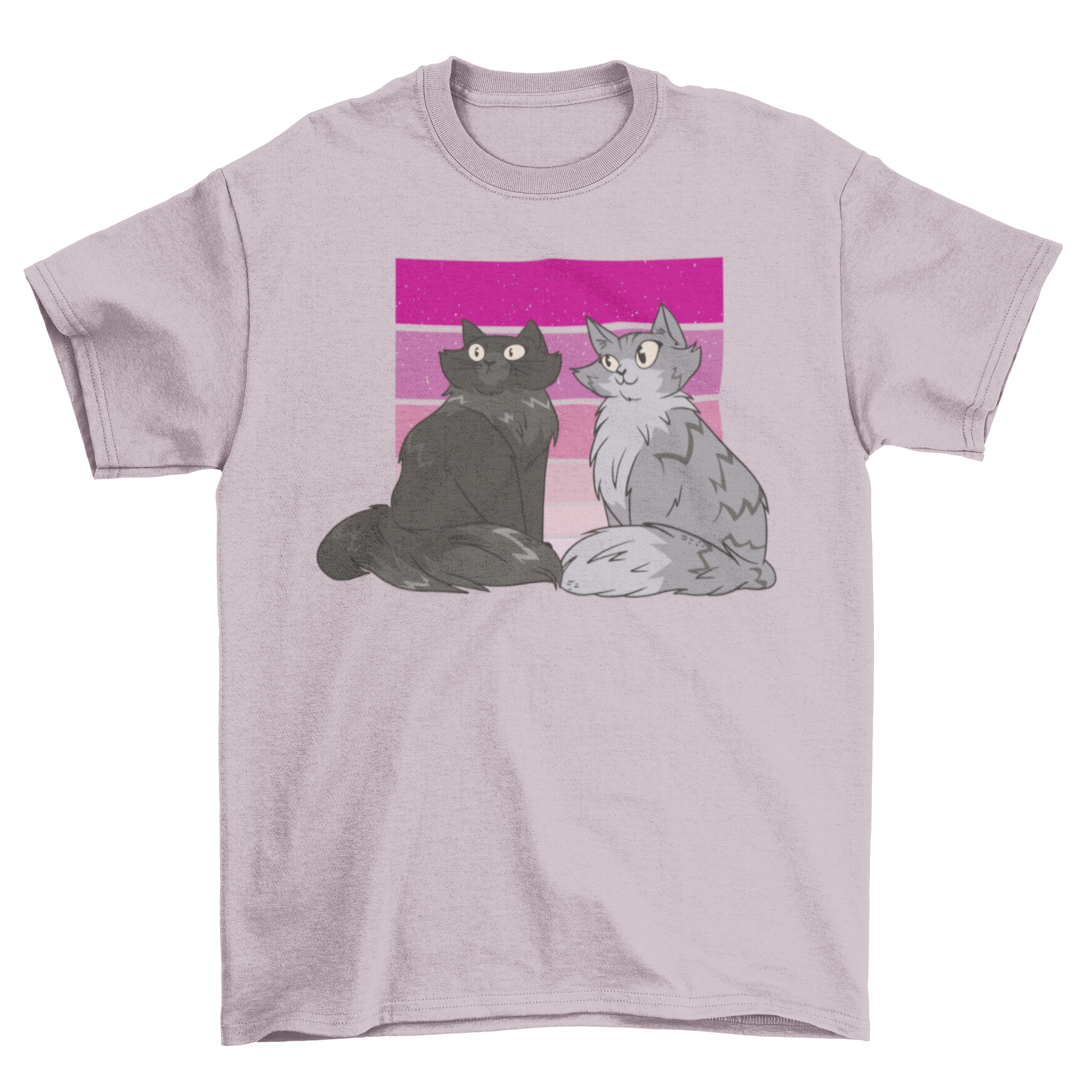 Stylish t-shirt featuring two cats on a colorful gradient background.