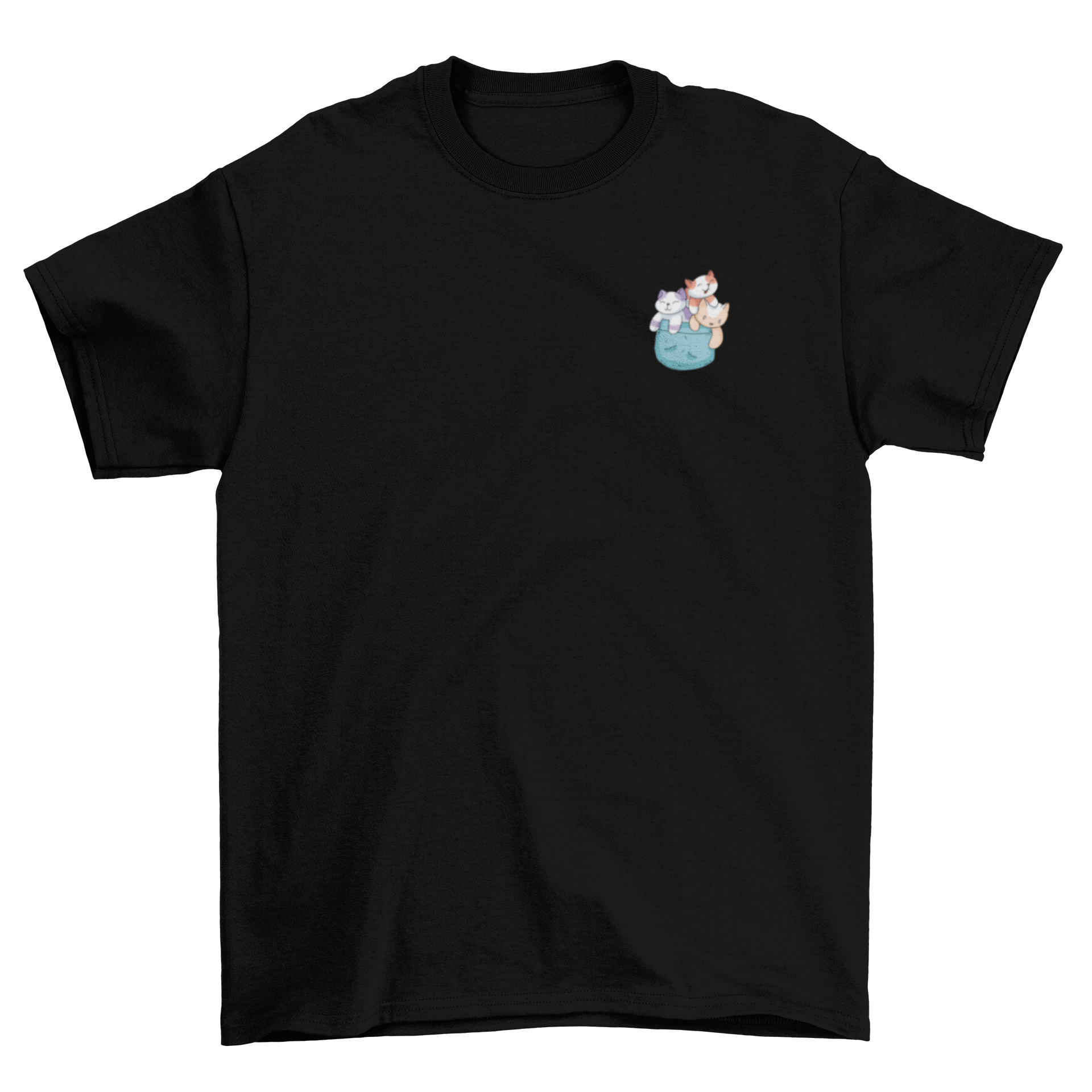 A cute t-shirt featuring three playful cats peeking out of a pocket, perfect for cat lovers.