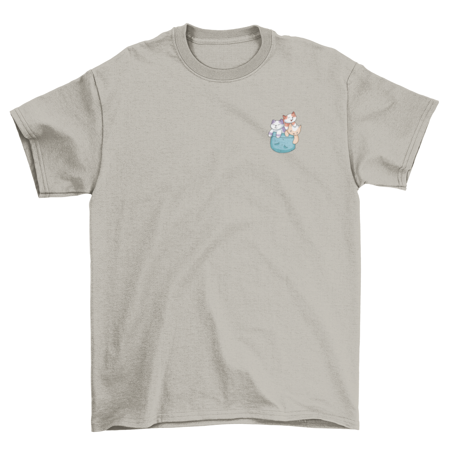 A cute t-shirt featuring three playful cats peeking out of a pocket, perfect for cat lovers.