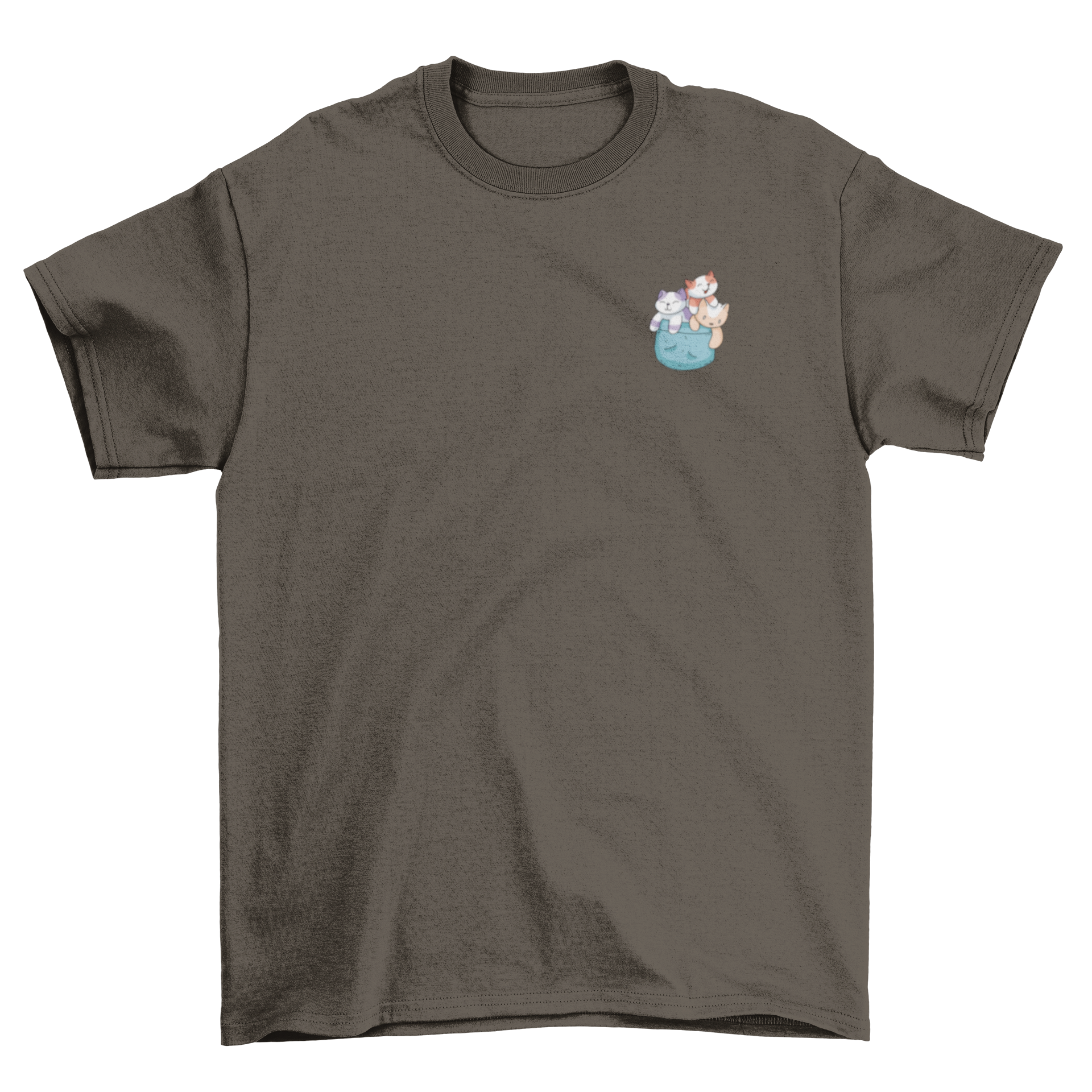 A cute t-shirt featuring three playful cats peeking out of a pocket, perfect for cat lovers.