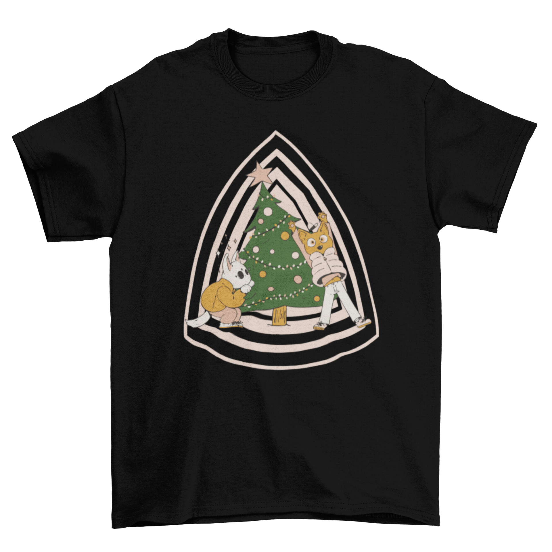 A playful t-shirt design featuring two cats playing around a beautifully decorated Christmas tree, perfect for holiday celebrations.