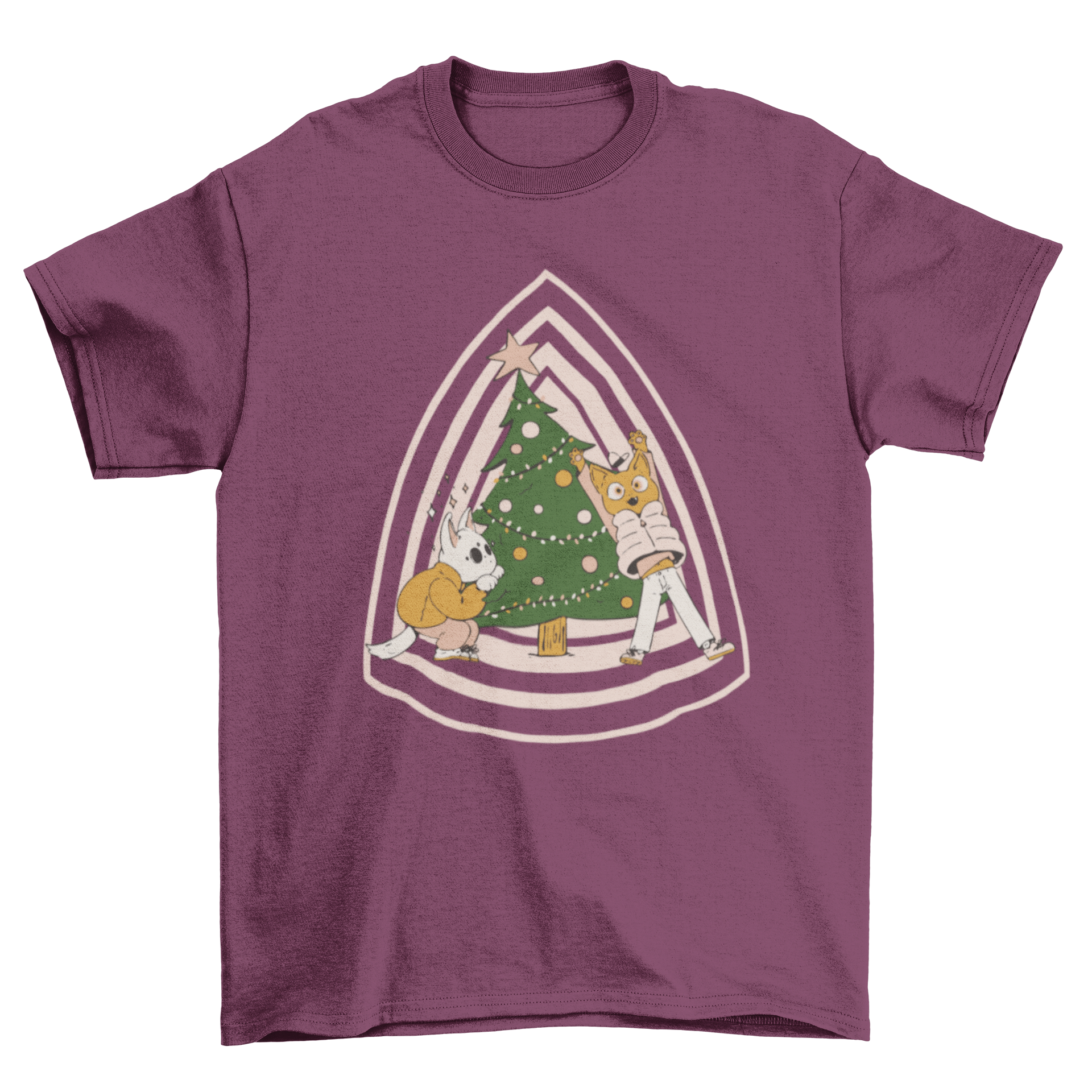 A playful t-shirt design featuring two cats playing around a beautifully decorated Christmas tree, perfect for holiday celebrations.