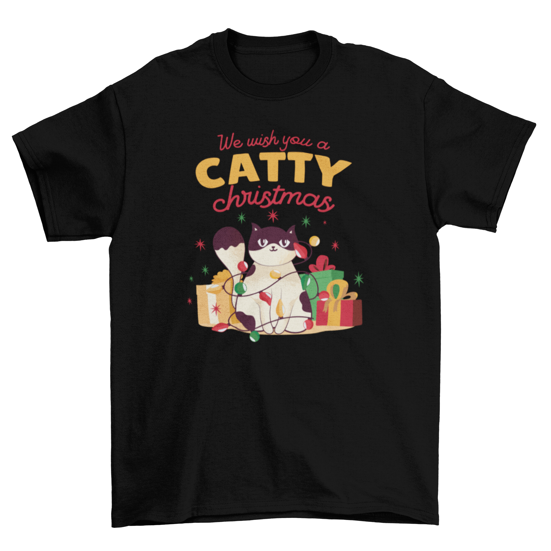 A festive Catty Christmas T-shirt featuring a playful cat tangled in colorful Christmas lights with a cheerful quote.