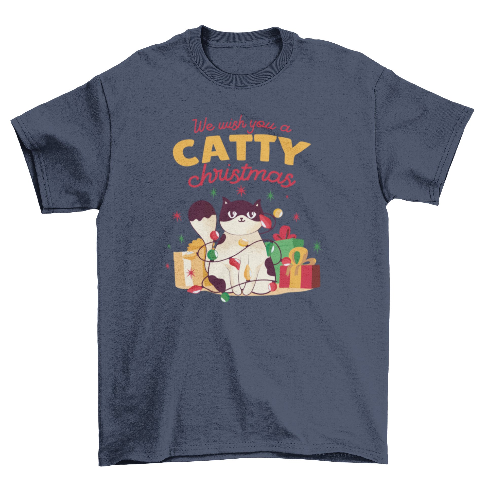 A festive Catty Christmas T-shirt featuring a playful cat tangled in colorful Christmas lights with a cheerful quote.