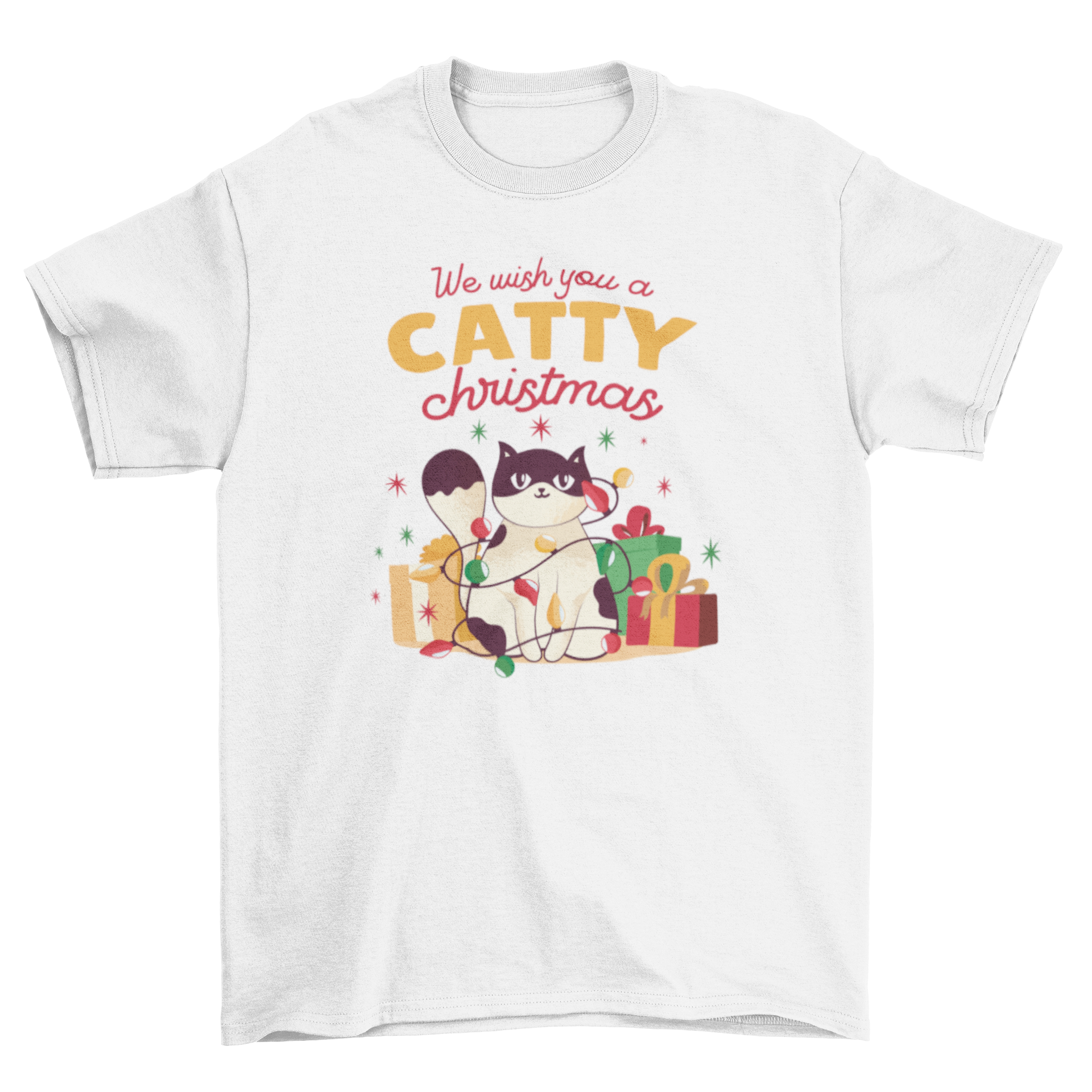 A festive Catty Christmas T-shirt featuring a playful cat tangled in colorful Christmas lights with a cheerful quote.