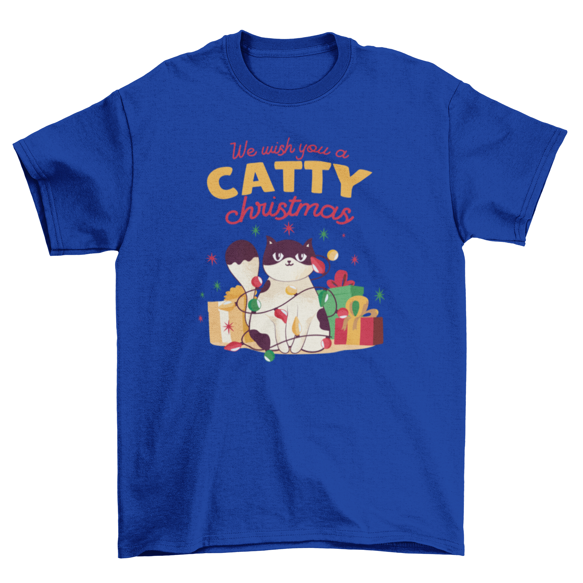 A festive Catty Christmas T-shirt featuring a playful cat tangled in colorful Christmas lights with a cheerful quote.