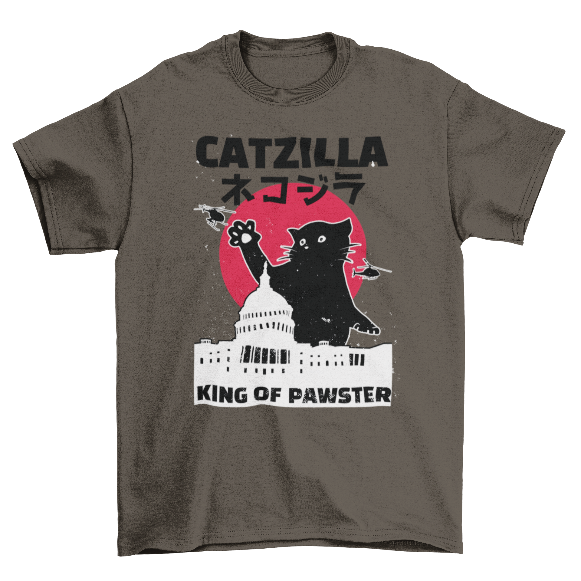 Catzilla t-shirt featuring a black cat and the quote 'Catzilla king of pawster' in a stylish design.