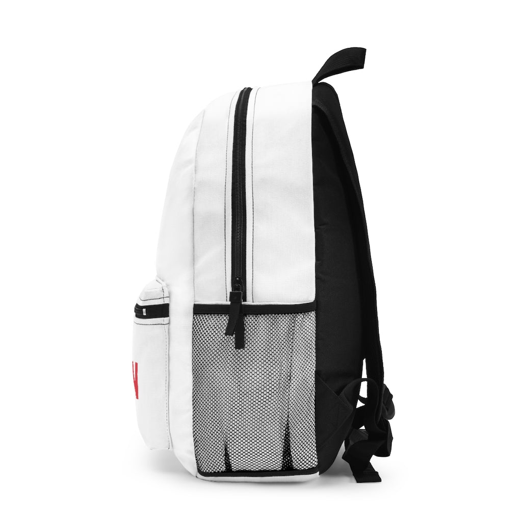 Caution Backpack made in USA, featuring adjustable straps and waterproof spun polyester material, ideal for travel and daily use.