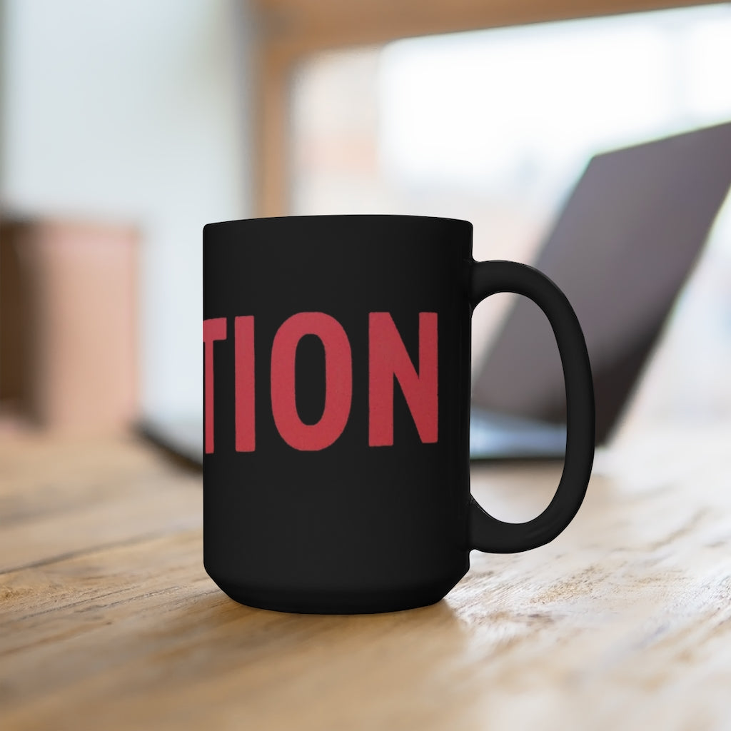 Caution Black Mug 15oz featuring a sleek black ceramic design with rounded corners and a comfortable C-handle.