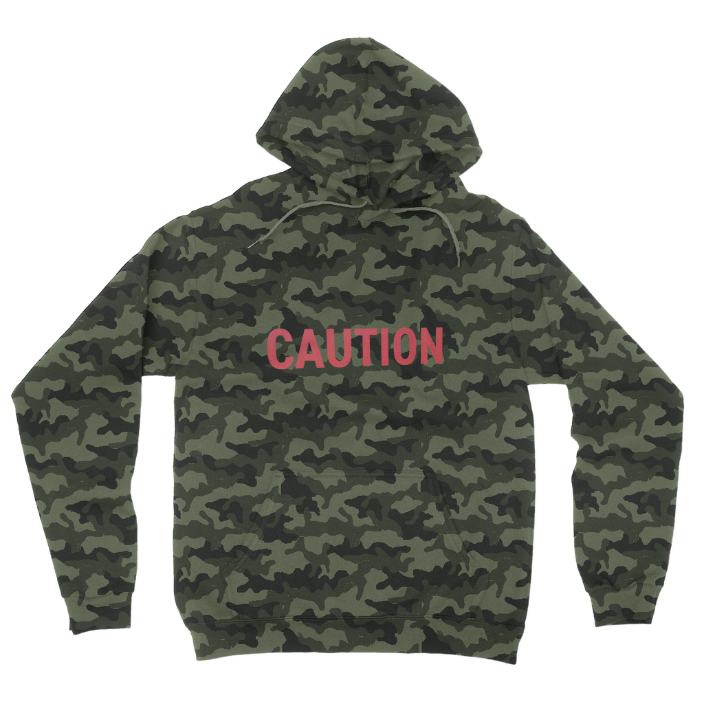 Caution Camouflage Adult Hoodie featuring all-over camo design, kangaroo pocket, and flat lace drawcords.