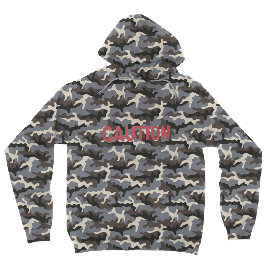 Caution Camouflage Adult Hoodie featuring all-over camo design, kangaroo pocket, and flat lace drawcords.