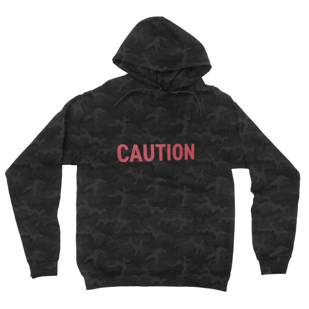 Caution Camouflage Adult Hoodie featuring all-over camo design, kangaroo pocket, and flat lace drawcords.