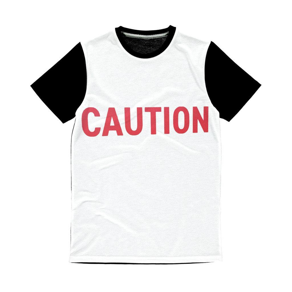 Caution Classic Sublimation Panel T-Shirt featuring a vibrant front design and a plain black back, ideal for custom printing.