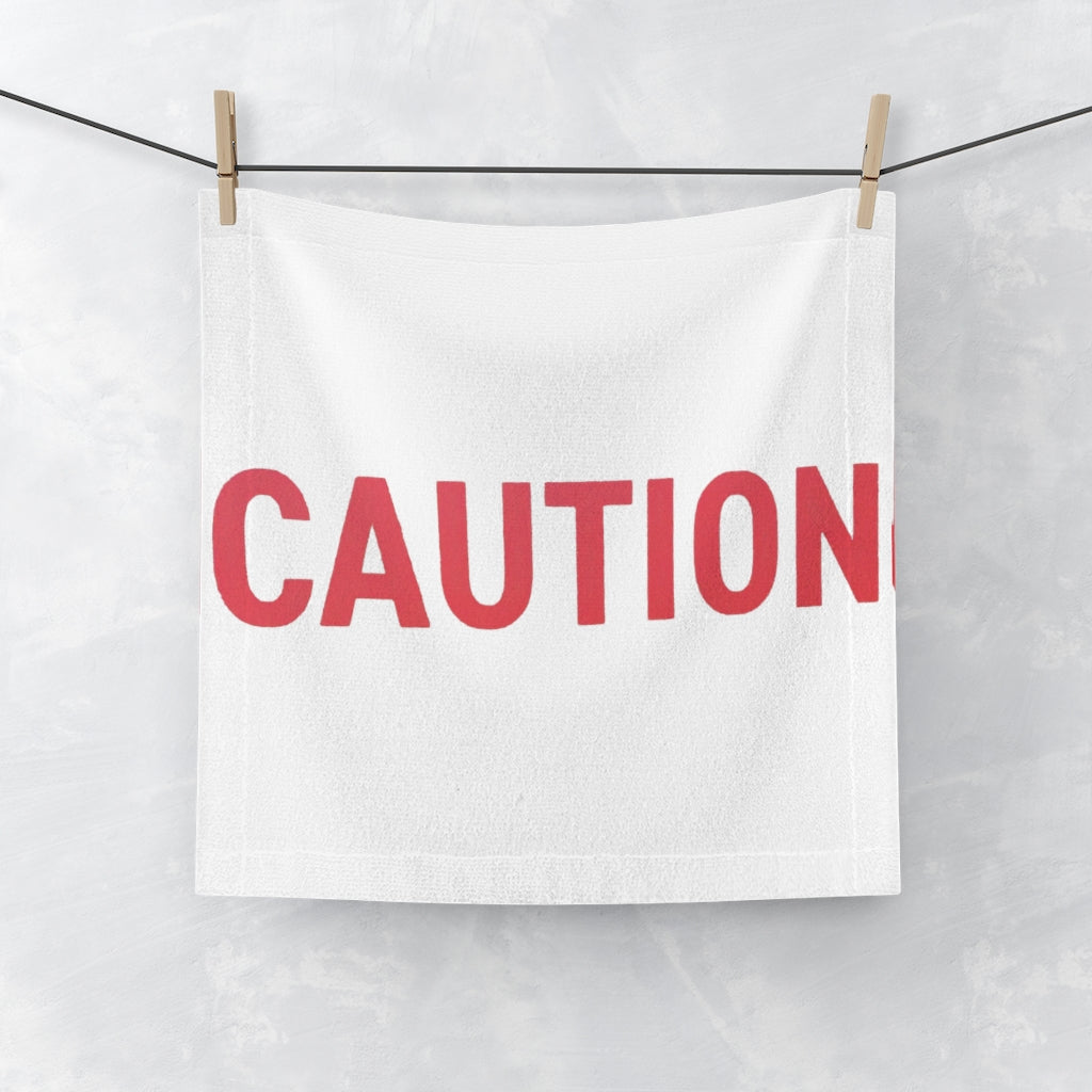 Customizable Caution Face Towel with a polyester front and soft cotton back, ideal for personal designs and everyday use.