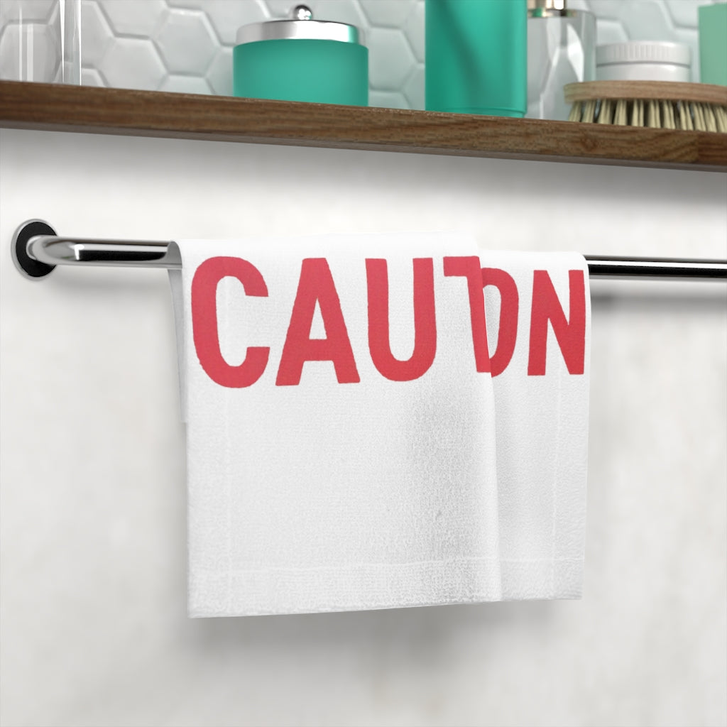 Customizable Caution Face Towel with a polyester front and soft cotton back, ideal for personal designs and everyday use.