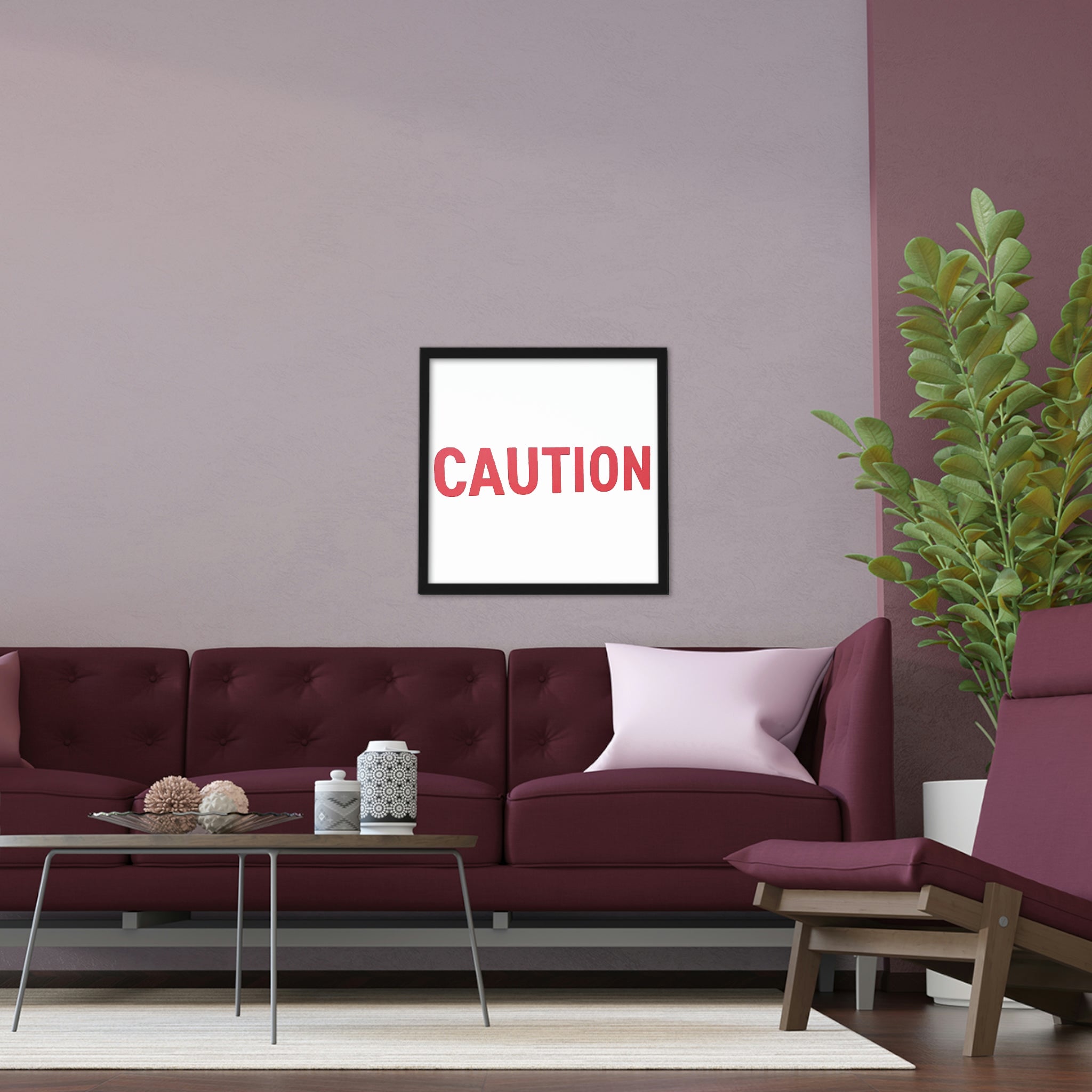 Caution Framed Poster with a hand-crafted wooden frame, showcasing vibrant colors and unique design, ready to enhance any space.