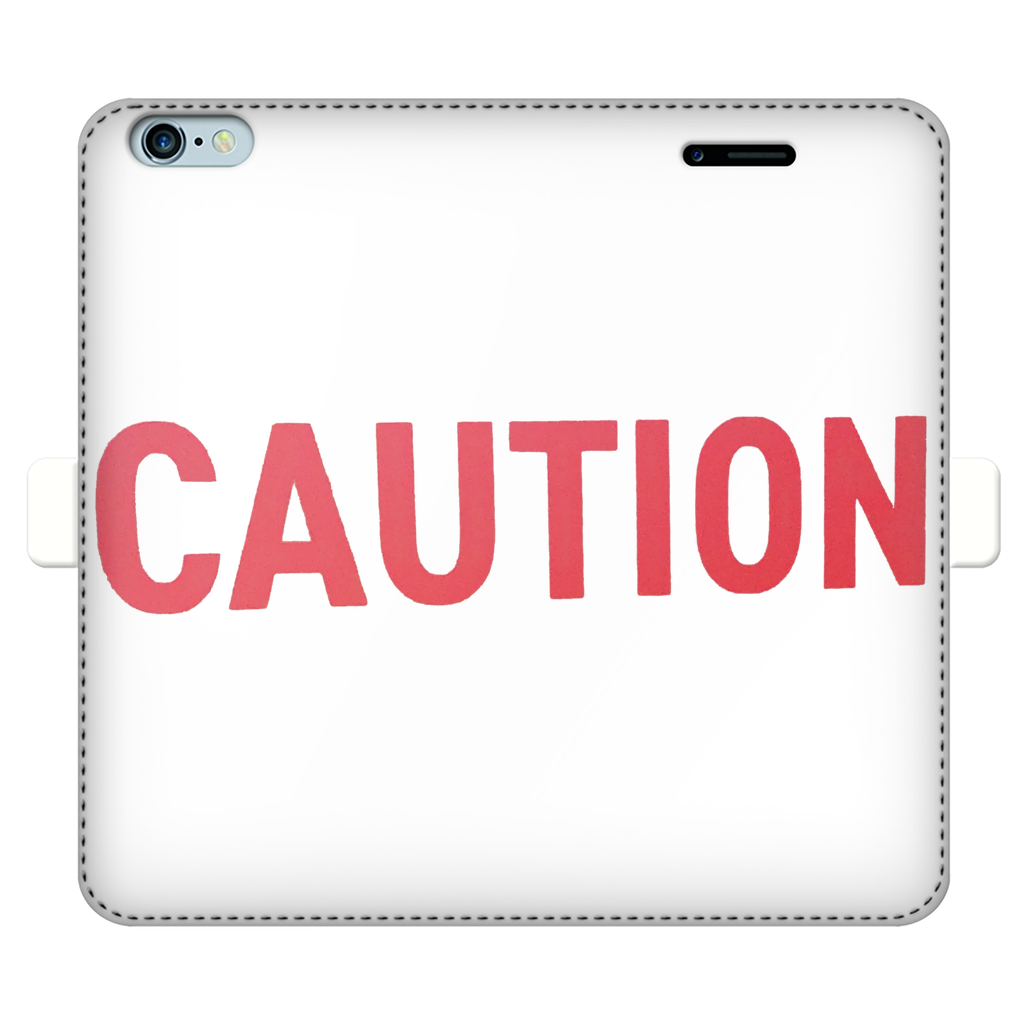 Caution Fully Printed Wallet Case for iPhone and Samsung, featuring vibrant UV-printed designs and a magnetic closure.