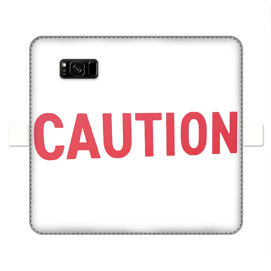 Caution Fully Printed Wallet Case for iPhone and Samsung, featuring vibrant UV-printed designs and a magnetic closure.