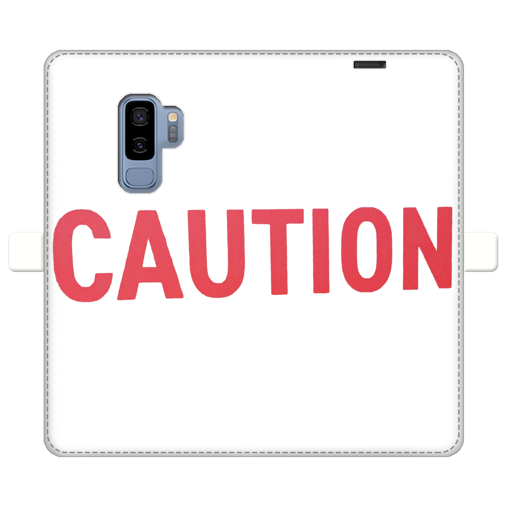 Caution Fully Printed Wallet Case for iPhone and Samsung, featuring vibrant UV-printed designs and a magnetic closure.