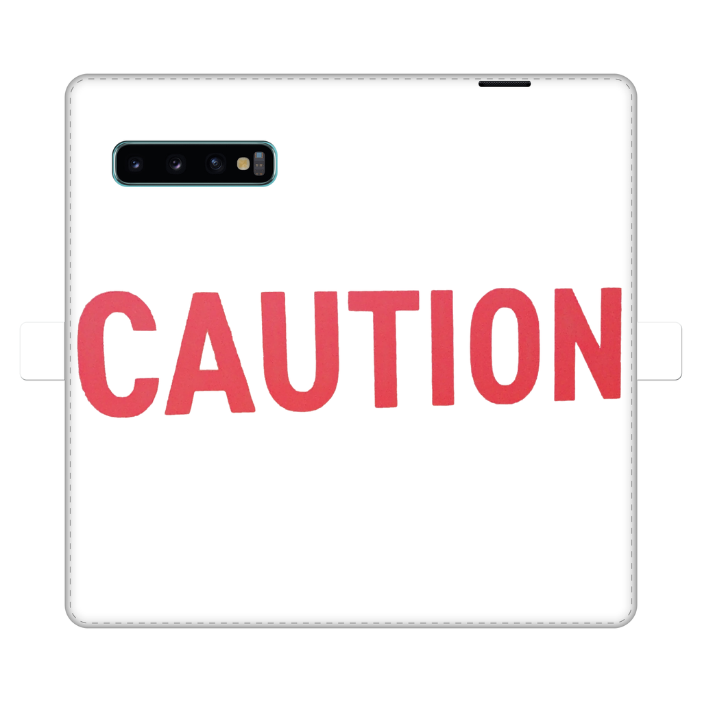 Caution Fully Printed Wallet Case for iPhone and Samsung, featuring vibrant UV-printed designs and a magnetic closure.