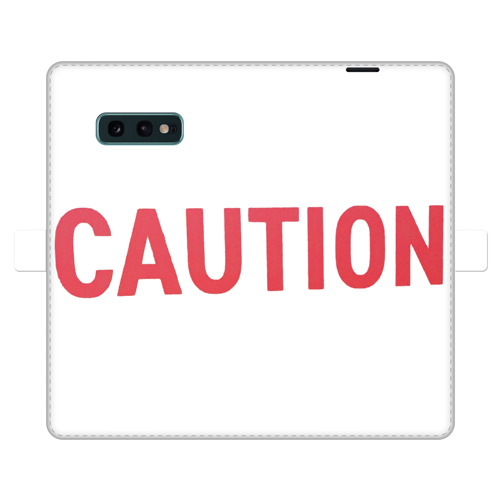 Caution Fully Printed Wallet Case for iPhone and Samsung, featuring vibrant UV-printed designs and a magnetic closure.