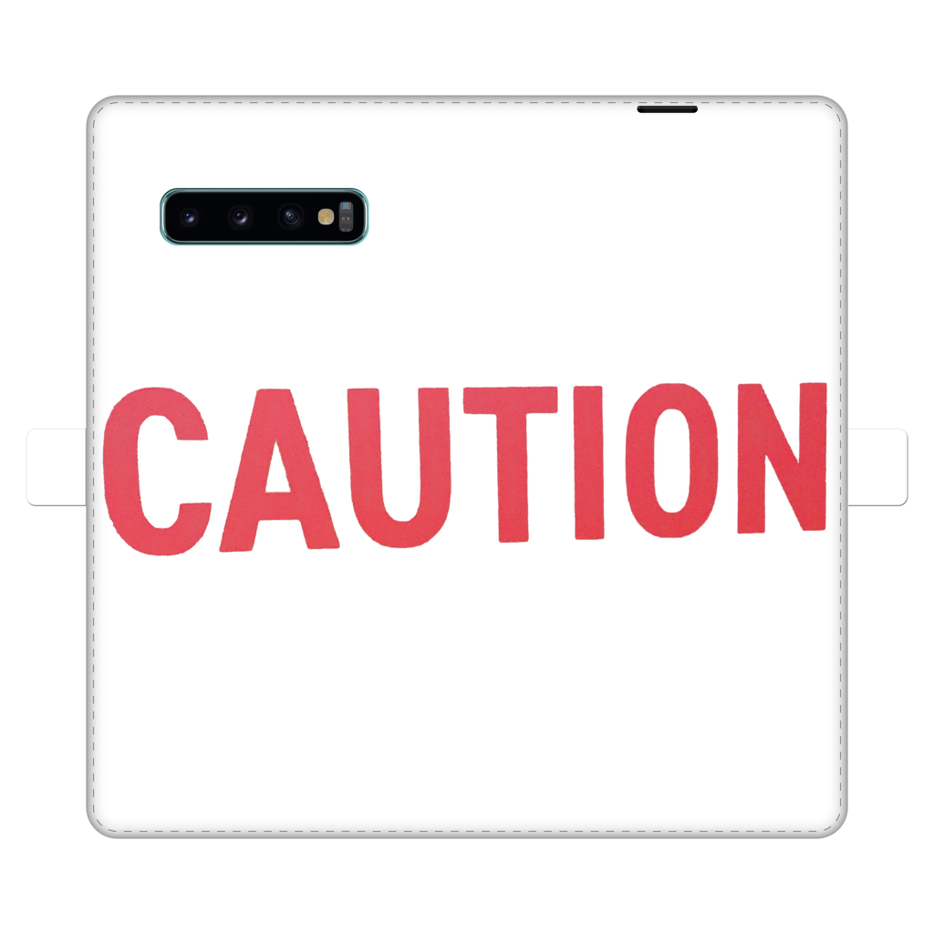 Caution Fully Printed Wallet Case for iPhone and Samsung, featuring vibrant UV-printed designs and a magnetic closure.