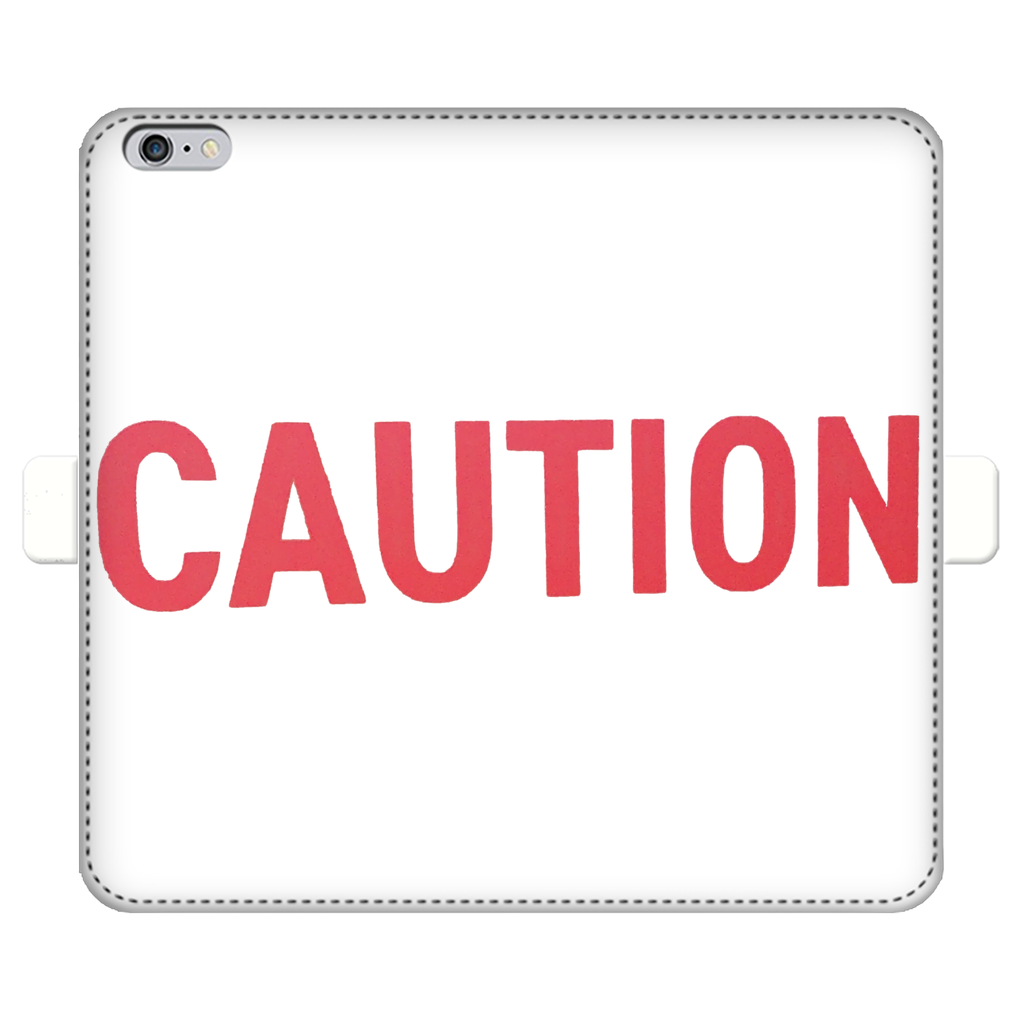 Caution Fully Printed Wallet Case for iPhone and Samsung, featuring vibrant UV-printed designs and a magnetic closure.