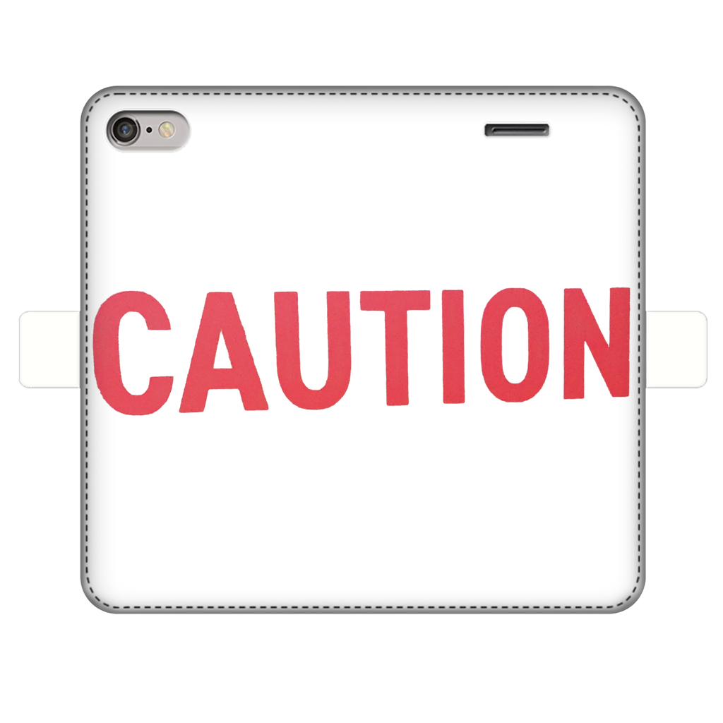 Caution Fully Printed Wallet Case for iPhone and Samsung, featuring vibrant UV-printed designs and a magnetic closure.