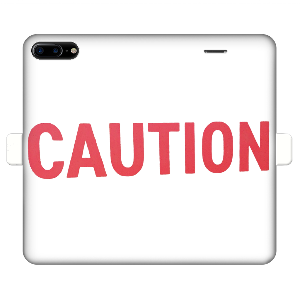 Caution Fully Printed Wallet Case for iPhone and Samsung, featuring vibrant UV-printed designs and a magnetic closure.