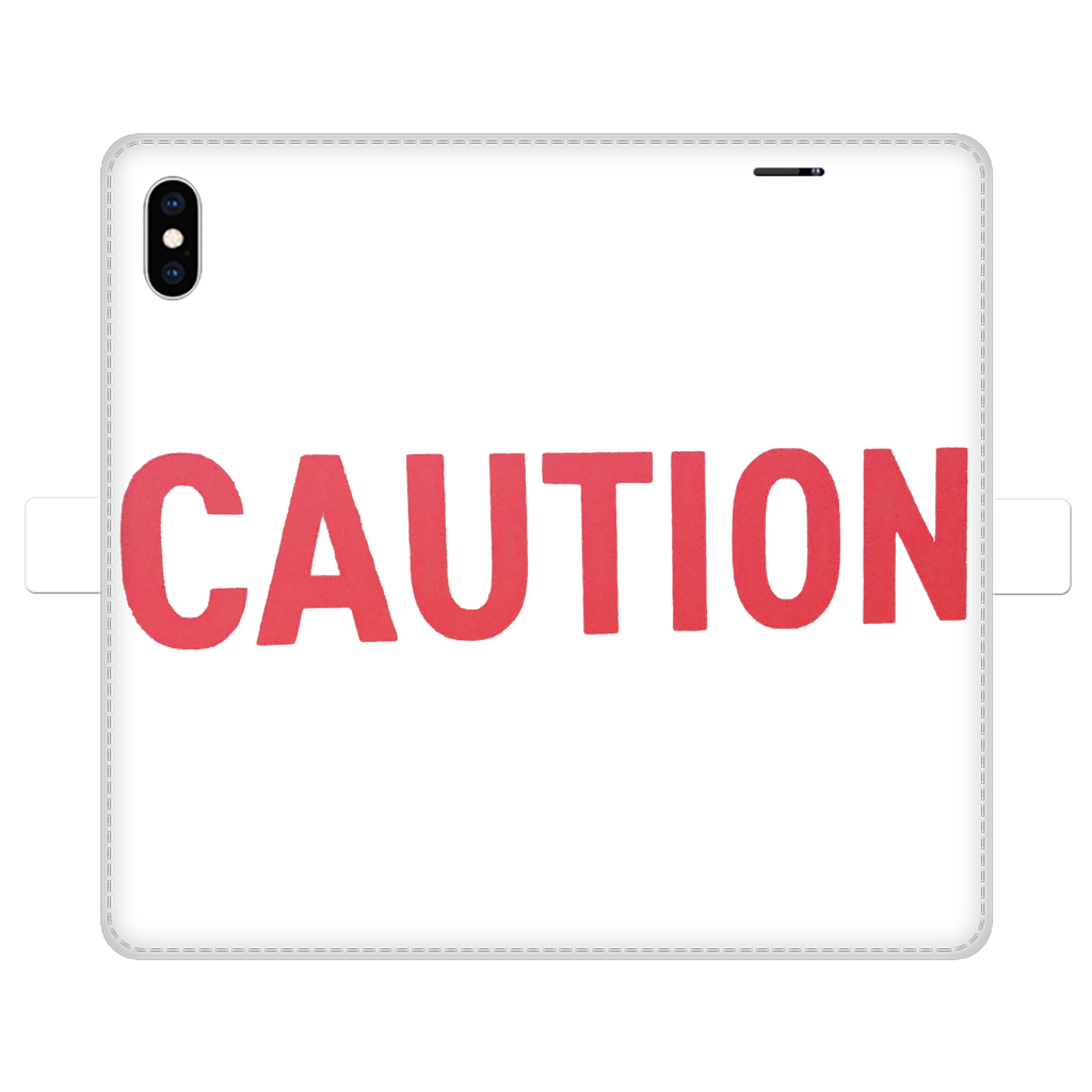 Caution Fully Printed Wallet Case for iPhone and Samsung, featuring vibrant UV-printed designs and a magnetic closure.