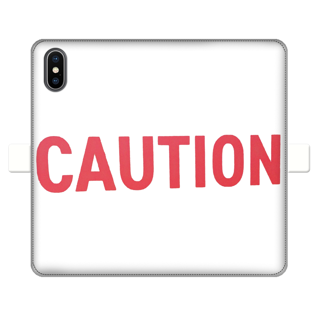 Caution Fully Printed Wallet Case for iPhone and Samsung, featuring vibrant UV-printed designs and a magnetic closure.