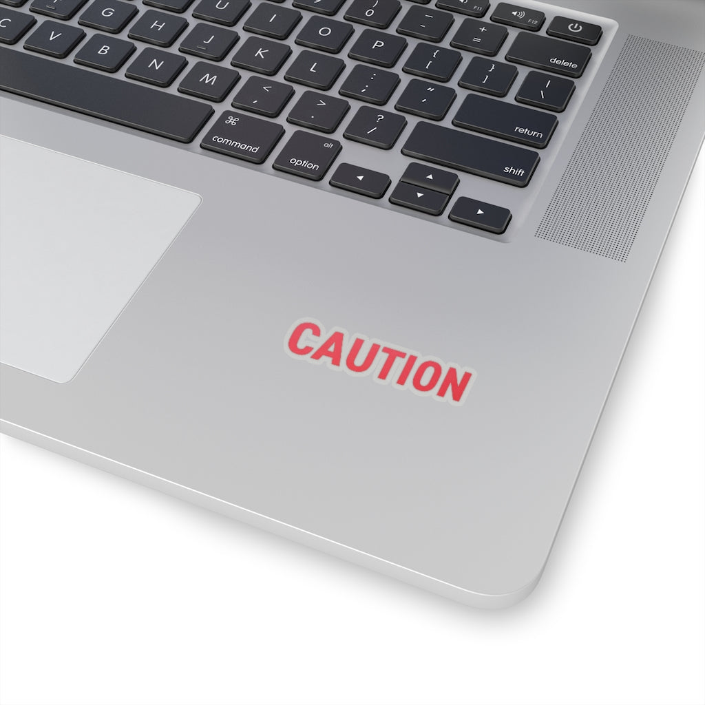 Caution Kiss-Cut Stickers showcasing various custom shapes and sizes on a white background.