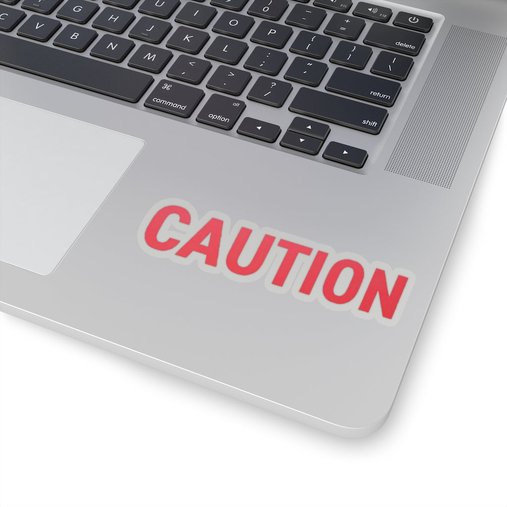 Caution Kiss-Cut Stickers showcasing various custom shapes and sizes on a white background.