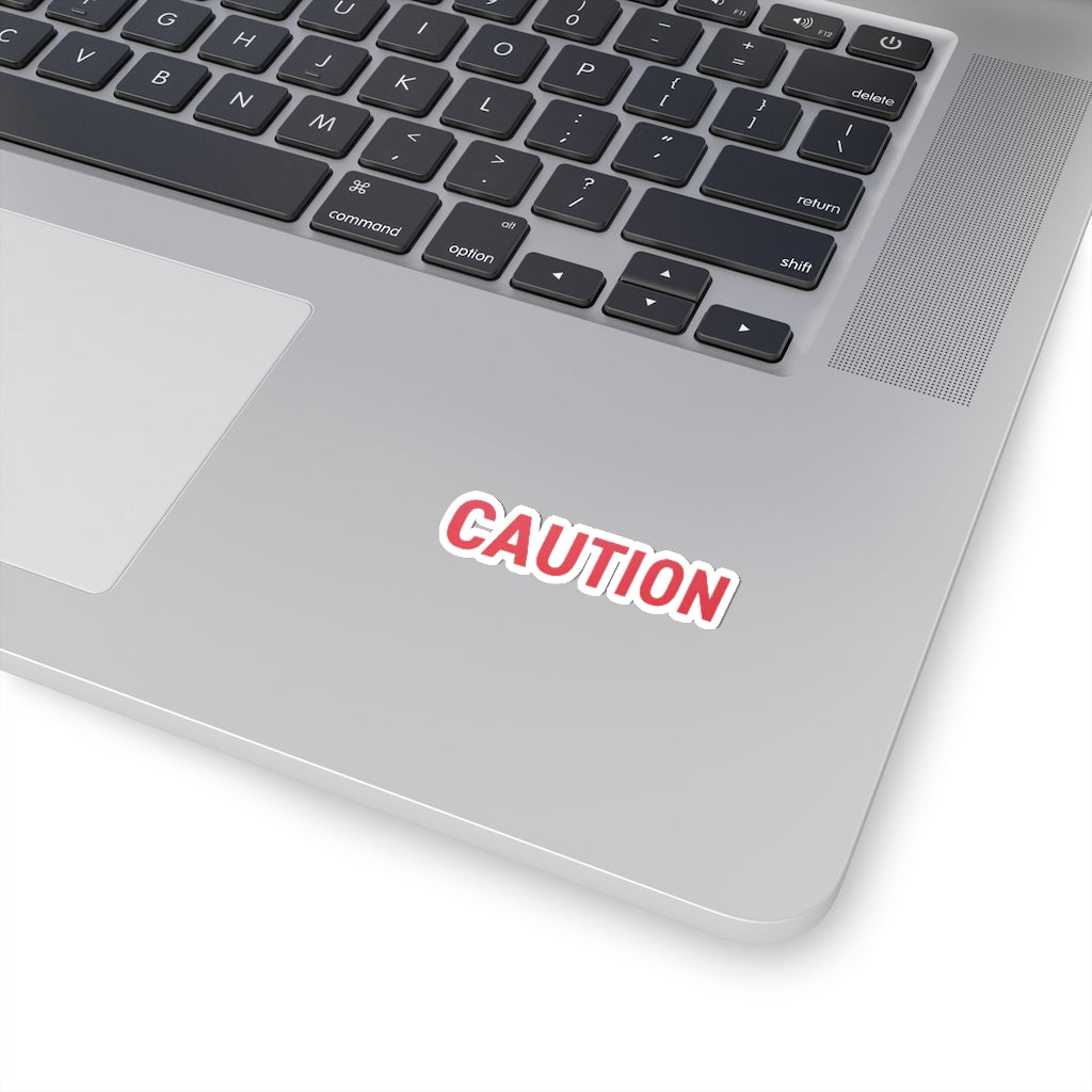 Caution Kiss-Cut Stickers showcasing various custom shapes and sizes on a white background.