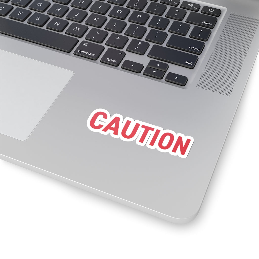 Caution Kiss-Cut Stickers showcasing various custom shapes and sizes on a white background.