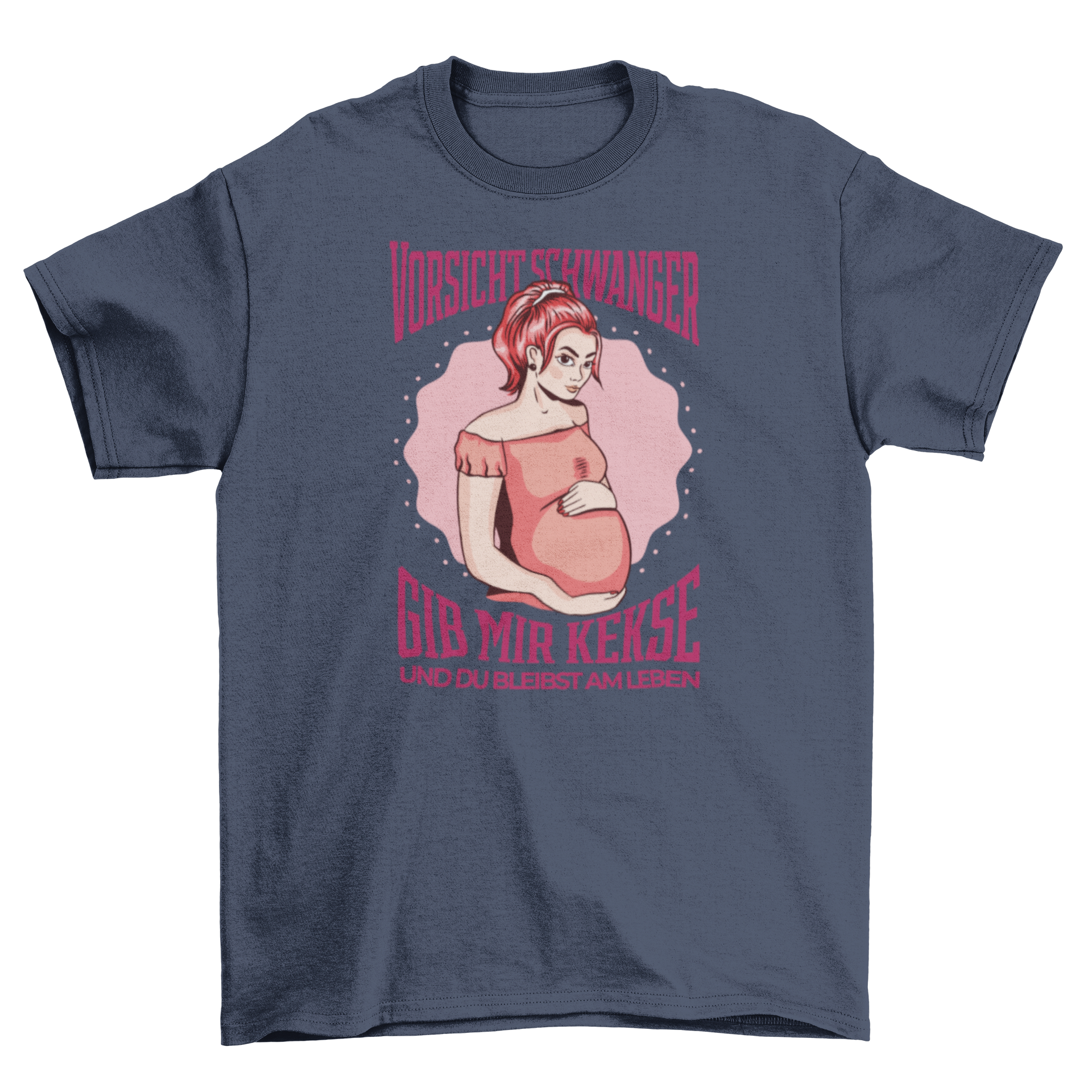 Caution Pregnant T-Shirt featuring a humorous pregnant woman design and German quote about cookies.