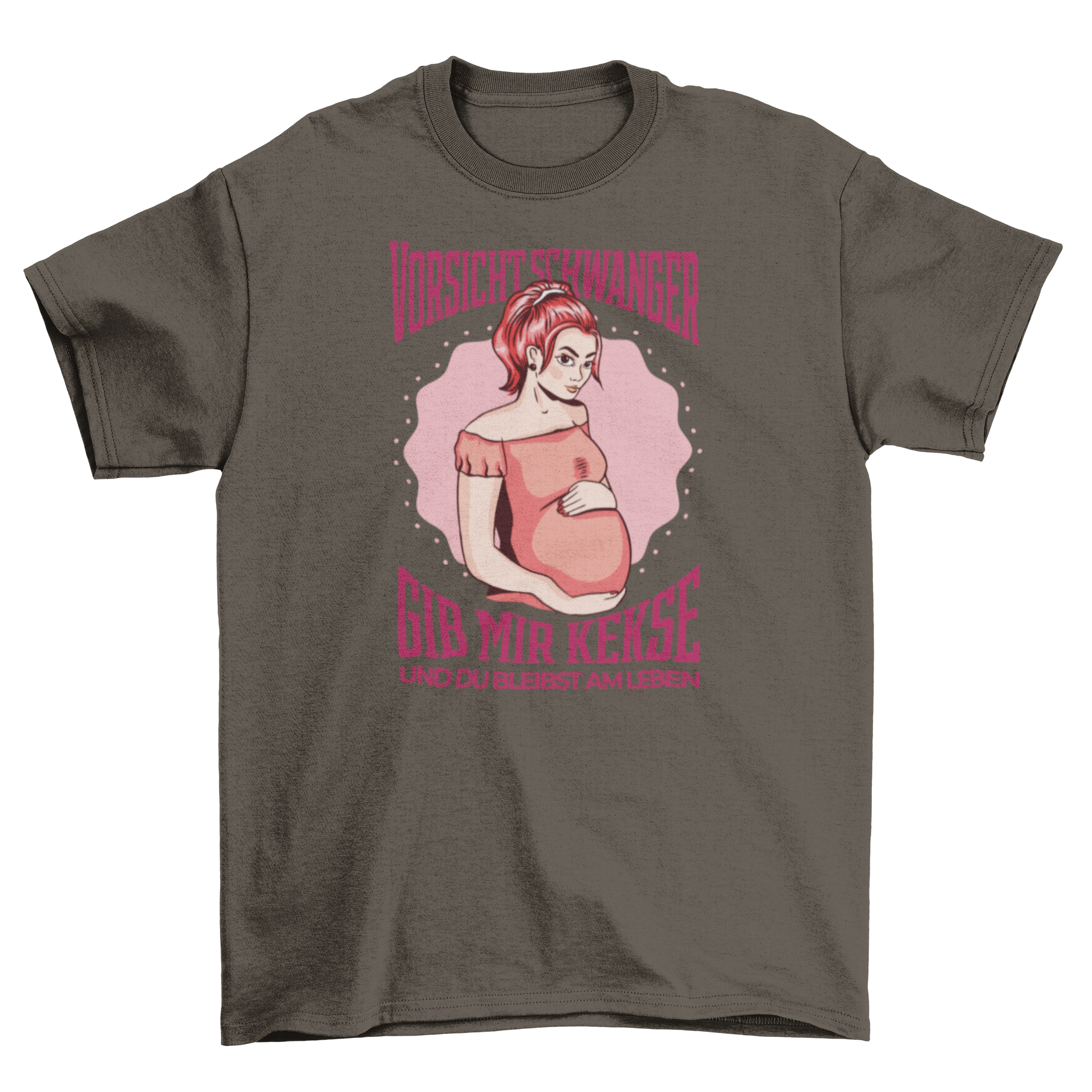 Caution Pregnant T-Shirt featuring a humorous pregnant woman design and German quote about cookies.