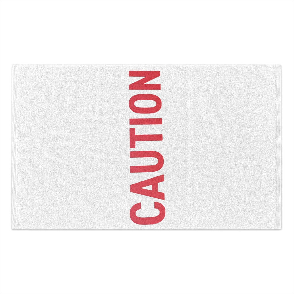 Caution Rally Towel measuring 11x18 inches, featuring a soft cotton backing and a printed polyester front, ideal for sports and events.