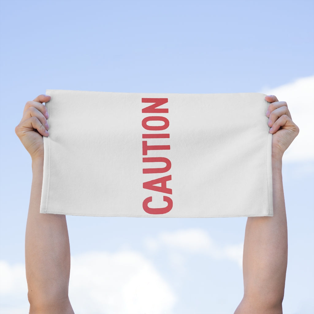 Caution Rally Towel measuring 11x18 inches, featuring a soft cotton backing and a printed polyester front, ideal for sports and events.