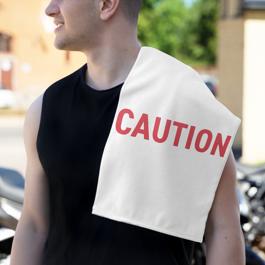 Caution Rally Towel measuring 11x18 inches, featuring a soft cotton backing and a printed polyester front, ideal for sports and events.