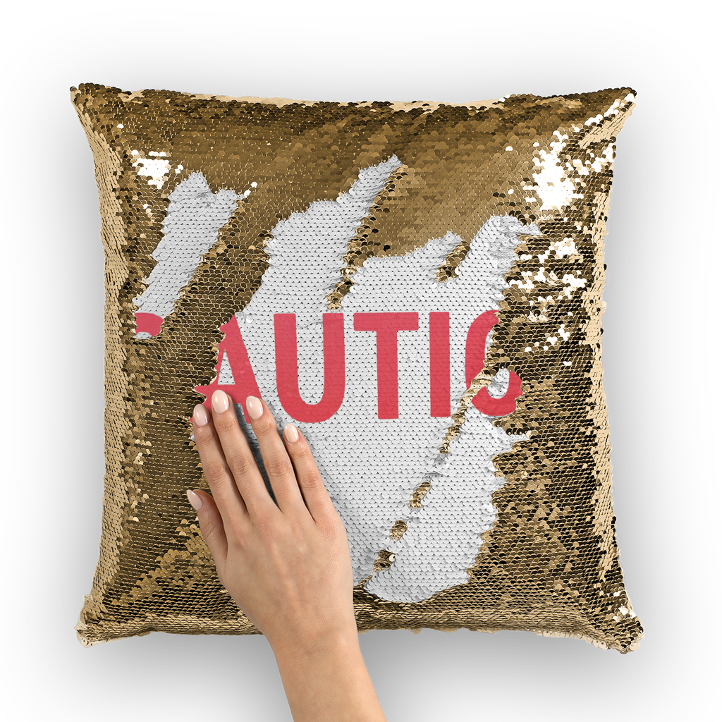 Caution Sequin Cushion Cover featuring a vibrant mermaid sequin design, perfect for home decor enhancement.