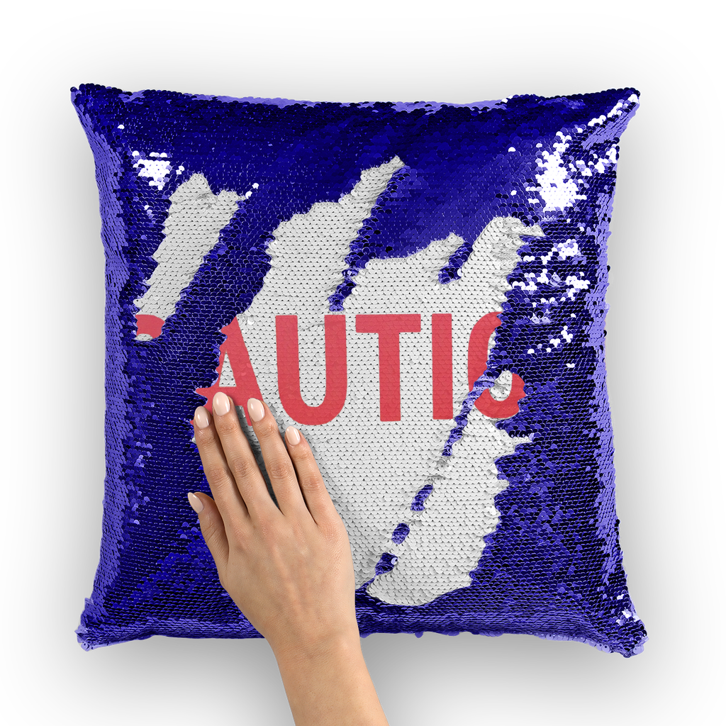 Caution Sequin Cushion Cover featuring a vibrant mermaid sequin design, perfect for home decor enhancement.