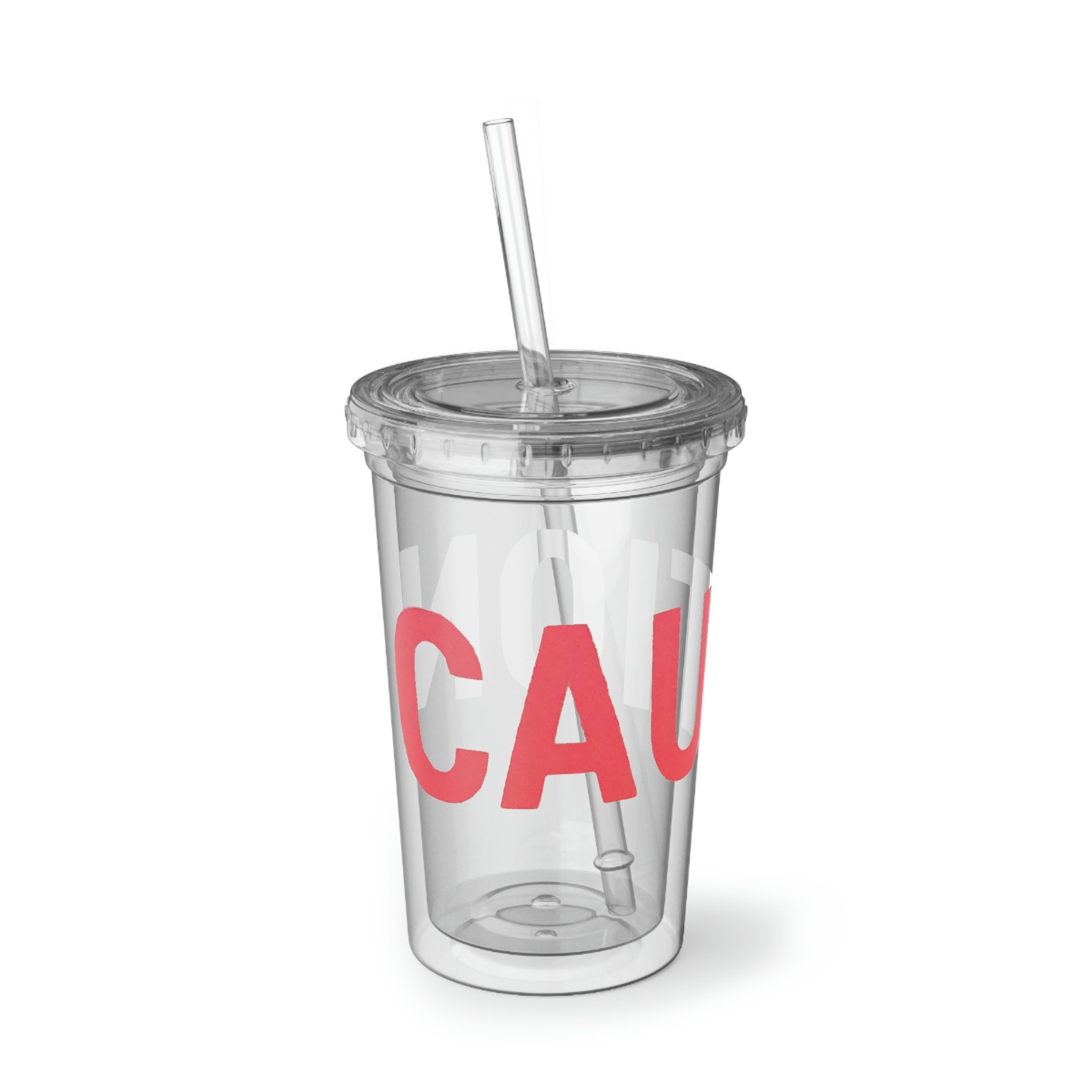 Caution Suave Acrylic Cup in stainless steel with a black screw-on cap and plastic straw, showcasing a customizable design.