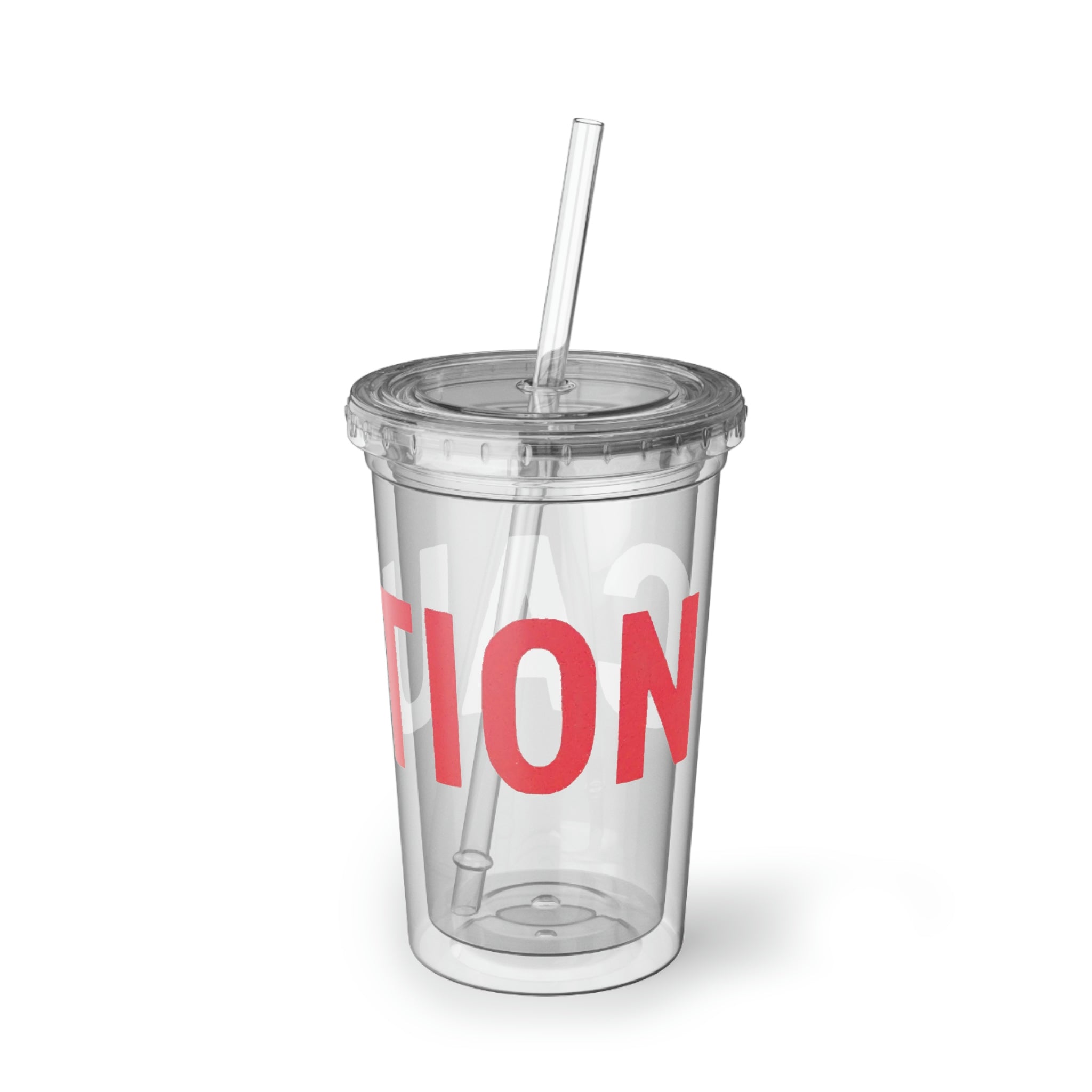 Caution Suave Acrylic Cup in stainless steel with a black screw-on cap and plastic straw, showcasing a customizable design.