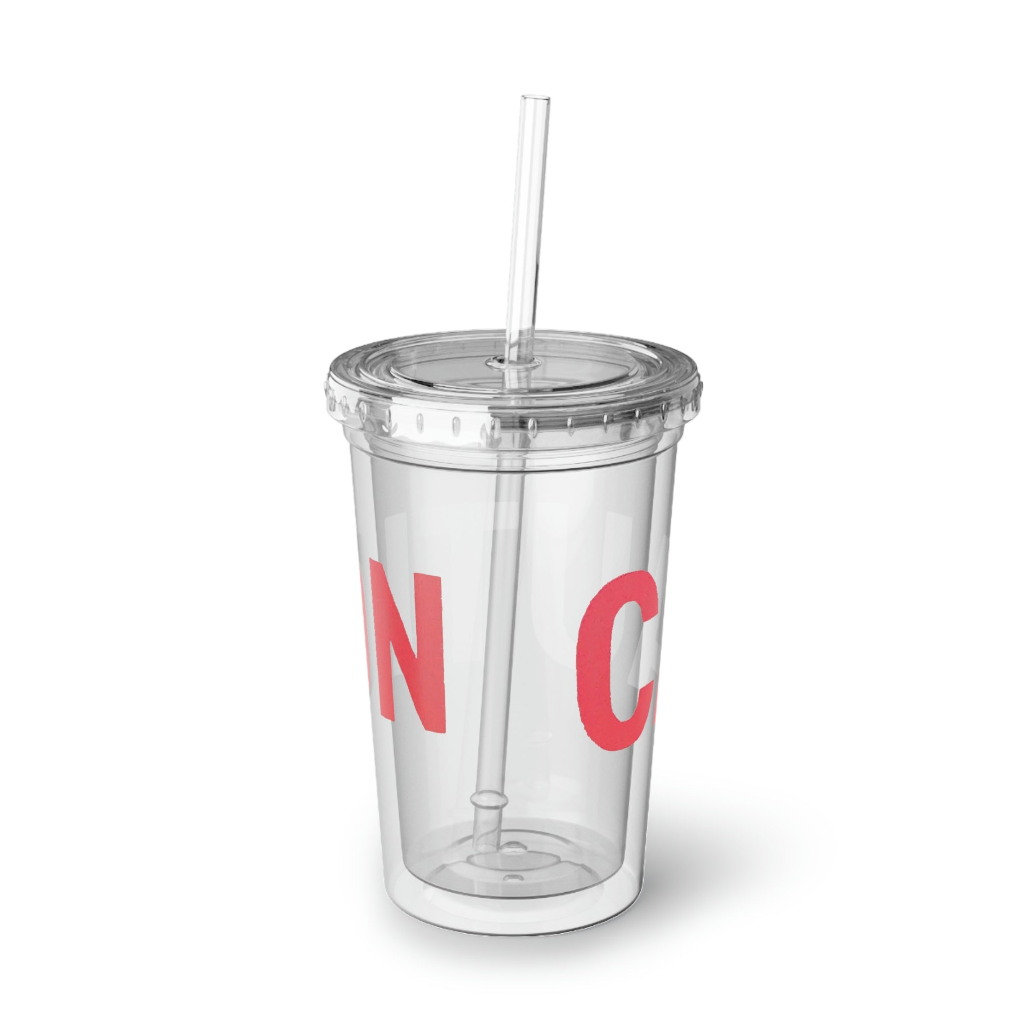 Caution Suave Acrylic Cup in stainless steel with a black screw-on cap and plastic straw, showcasing a customizable design.