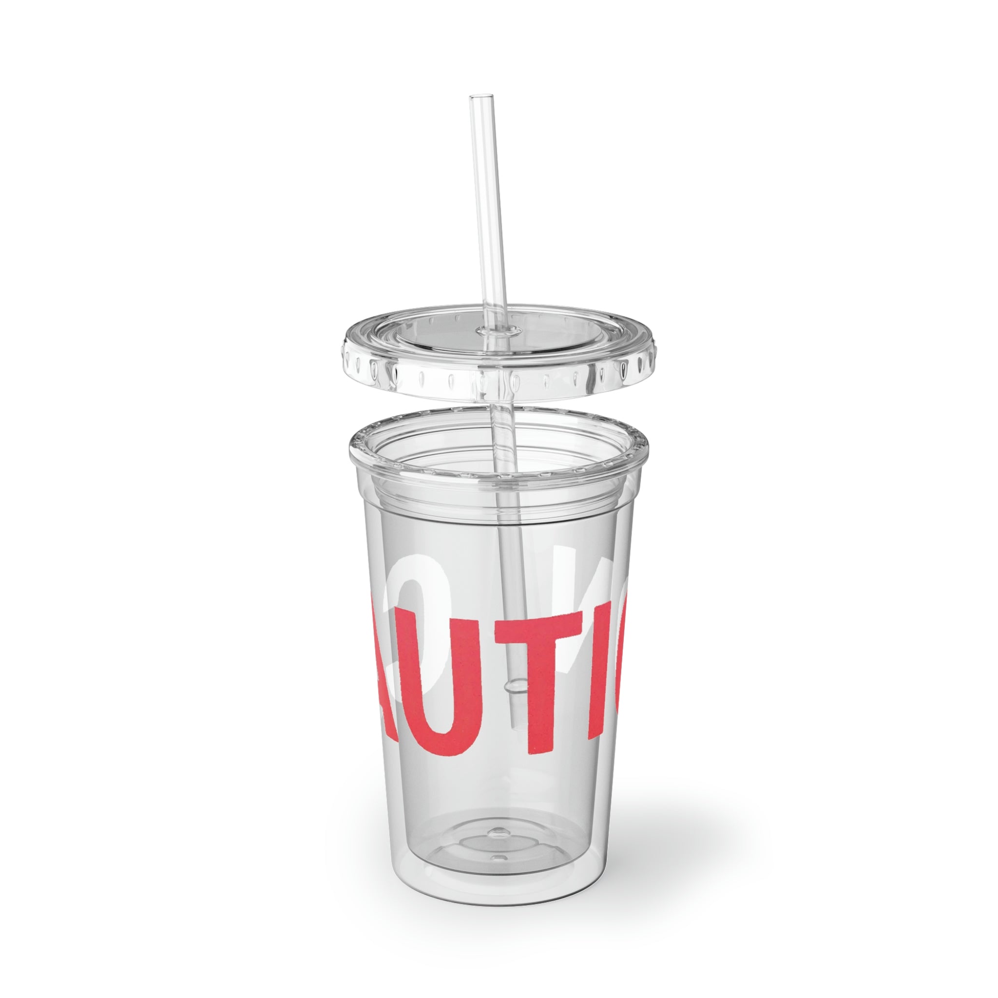 Caution Suave Acrylic Cup in stainless steel with a black screw-on cap and plastic straw, showcasing a customizable design.