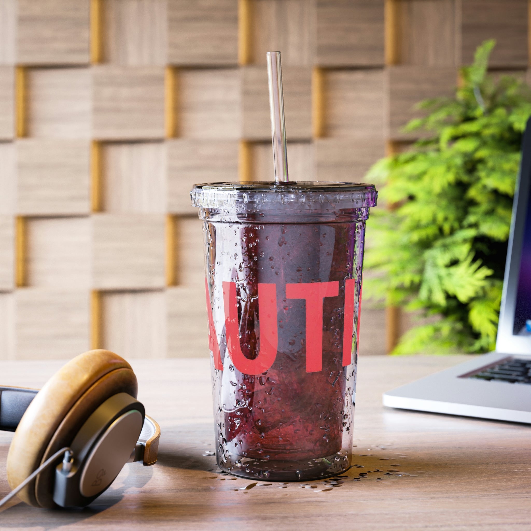 Caution Suave Acrylic Cup in stainless steel with a black screw-on cap and plastic straw, showcasing a customizable design.