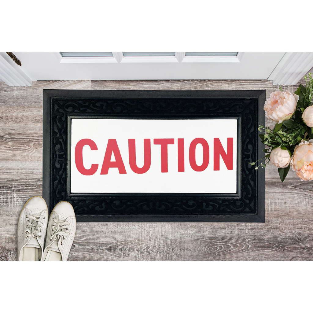 Caution Sublimation Heavy Duty Door Mat with a removable printable fabric center and a non-slip rubber base, featuring a classy fabric brush border.