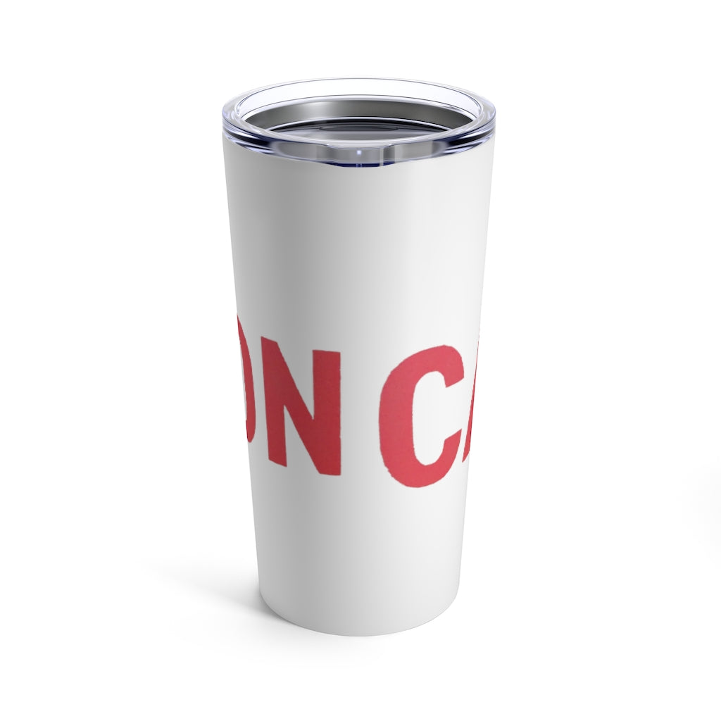 Caution Tumbler 20oz in stainless steel with a see-thru plastic lid, showcasing its sleek design and rounded corners.